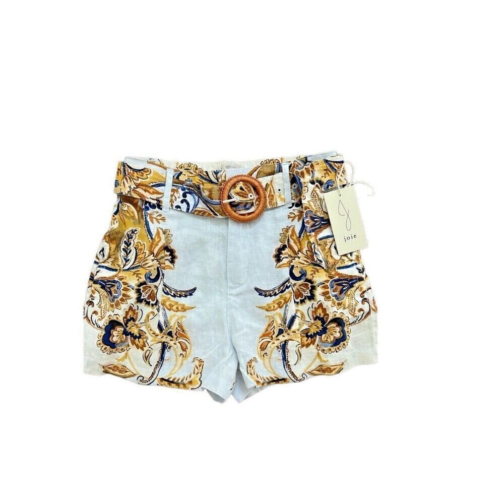 Joie 100% Linen Shorts White Multicolor Design Pockets Belt Stretch Waist Medium